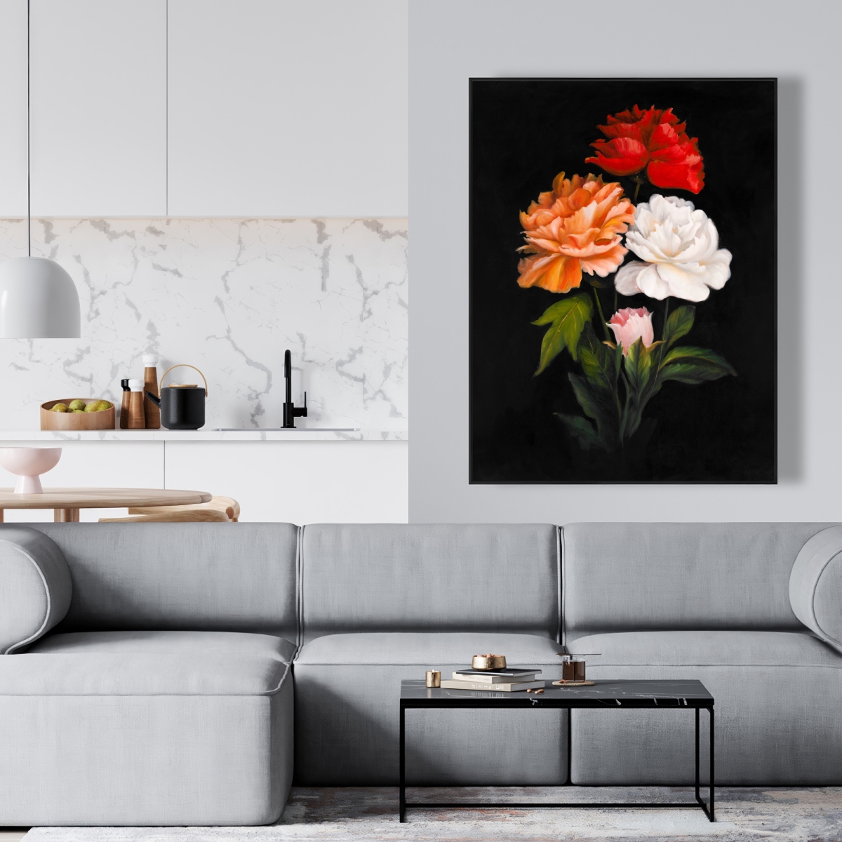 C1FC3648ANZV90 36 x 48 in. Three Beautiful Rose Flowers - Botanical Black Framed Canvas