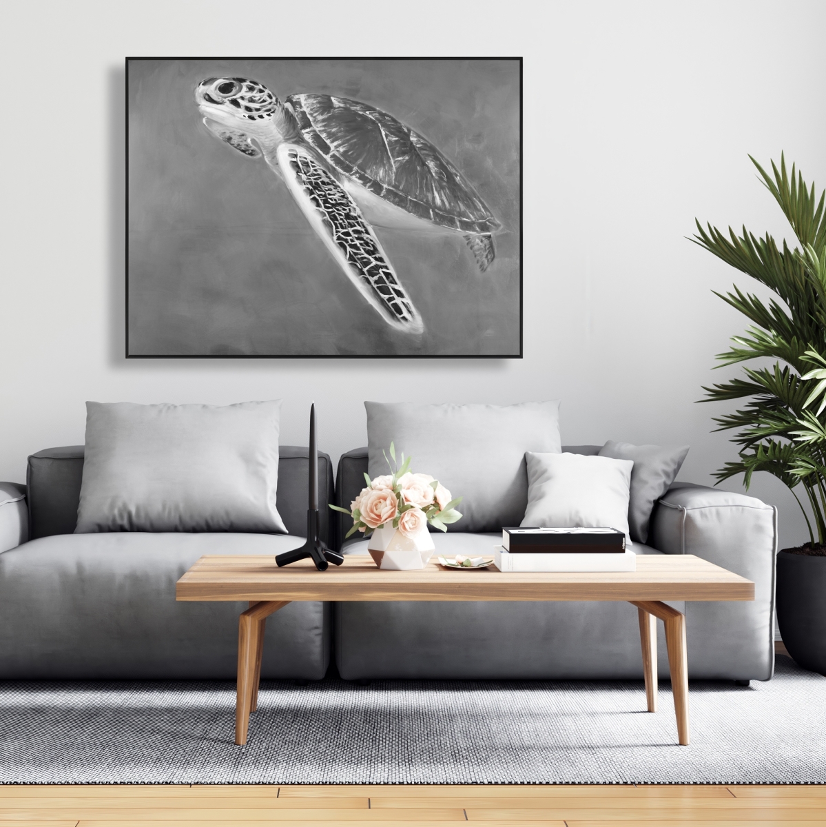 C1FC3648KE6L7N 36 x 48 in. Grayscale Sea Turtle - Framed Canvas Bathroom Decor - Home Art