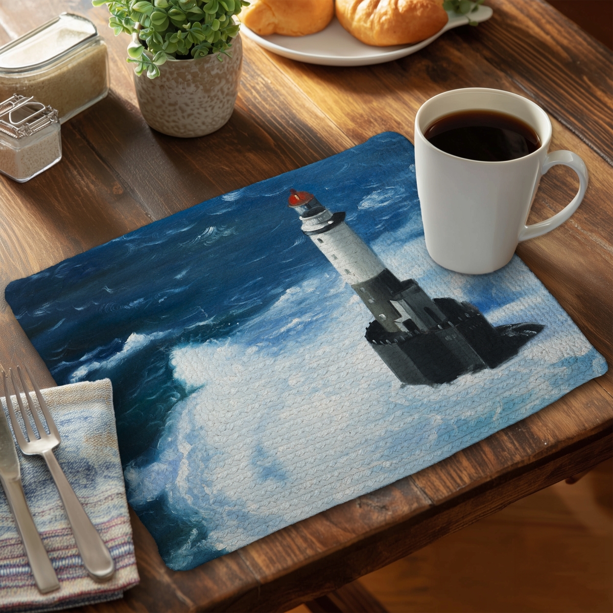Picture of Begin Home Decor C6BP1418U3JH6H 14 x 18 in. Unleashed Waves on a Lighthouse Braided Polyester Placemat - Set of 6