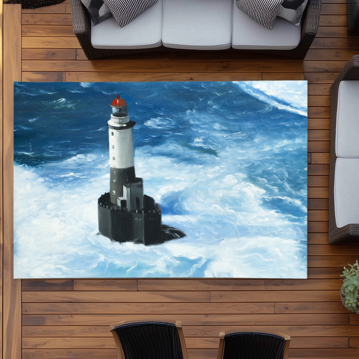 C1ROAR57XDM5ZA 5 x 7 ft. Unleashed Waves Lighthouse Outdoor Area Rug - Home Decor - Rectangle