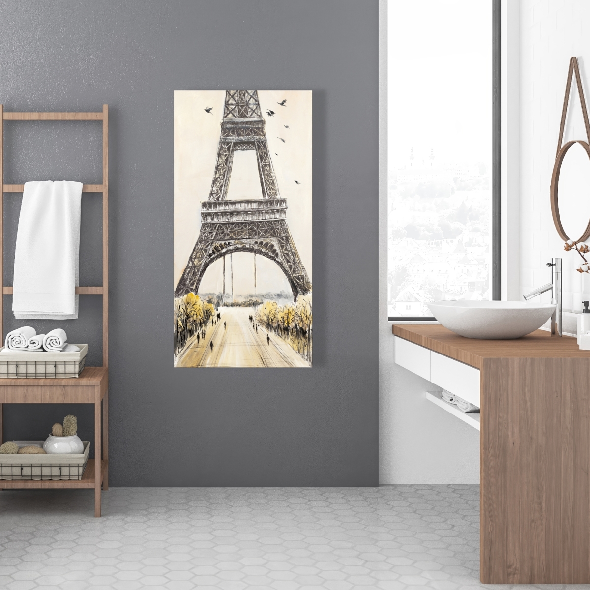 C1RC2448I7P8XV 24 x 48 in. Eiffel Tower with Flying Birds - Gray Canvas Home Decor