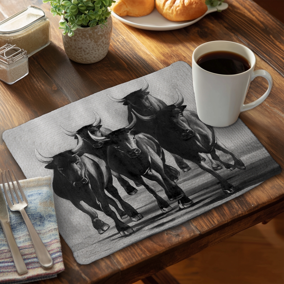 Picture of Begin Home Decor C4BP1418ZEHPJP 14 x 18 in. Group of Bulls At Galops - Braided Polyester Placemat - Home Decor - Set of 4