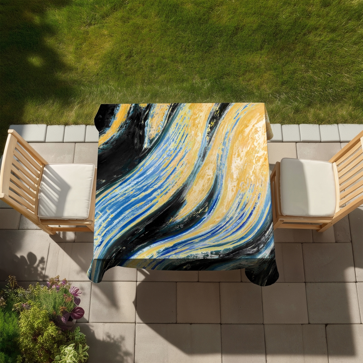 Picture of Begin Home Decor C1TC5858CXMAGR 58 x 58 in. Wavy Wave Abstract Yellow Tablecloth - Indoor & Outdoor Decor