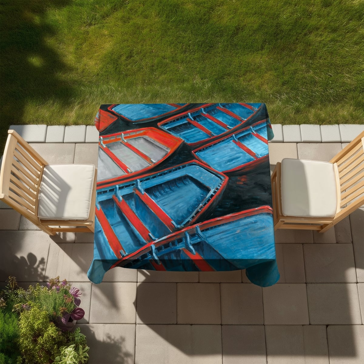 Picture of Begin Home Decor C1TC5858YO11ZE 58 x 58 in. Marine Blue Boat Tablecloth - Small Canoes Design - Home Decor