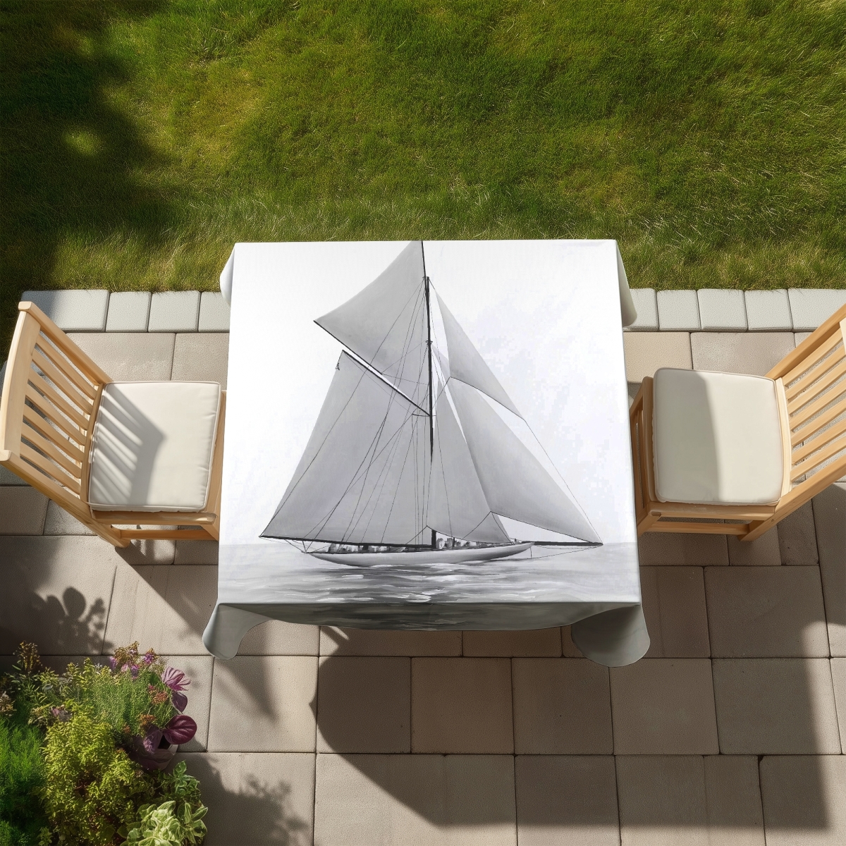 Picture of Begin Home Decor C1TC5858C63FI7 58 x 58 in. White Monochrome Sailing Ship Tablecloth - Indoor & Outdoor Decor