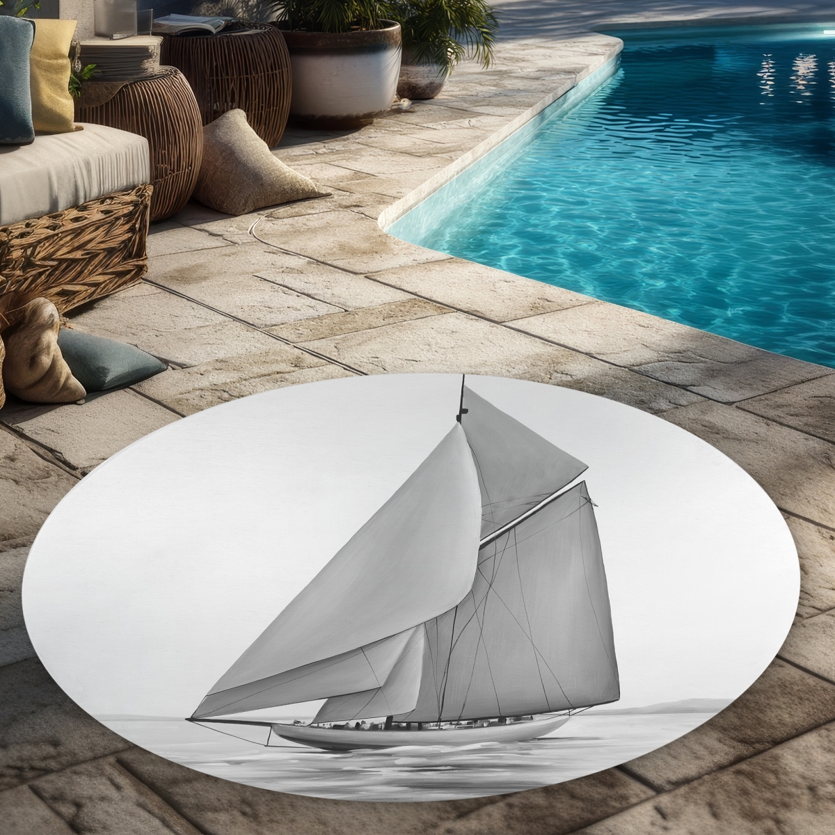 C1COAR55SG91Y8 5 x 5 ft. Vintage Sailing Ship Rug - Black & White Round Outdoor Decor