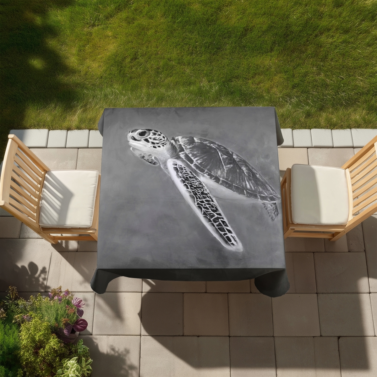 Picture of Begin Home Decor C1TC5858TAR6P6 58 x 58 in. Grayscale Sea Turtle Tablecloth - Stylish Indoor & Outdoor Decor