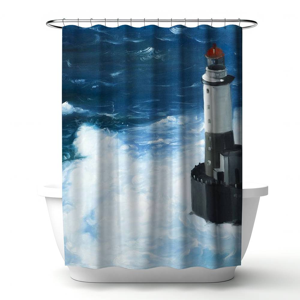 4240-7174-CO78 71 x 74 in. Unleashed Waves Lighthouse Shower Curtain - Coastal Home Decor