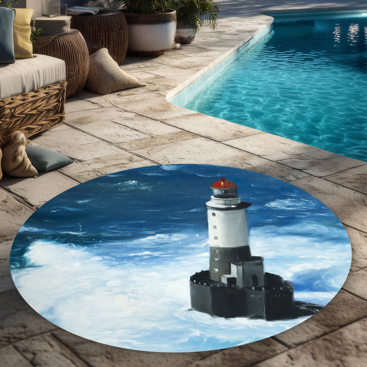 C1COAR5556R0U8 5 x 5 ft. Unleashed Waves Lighthouse Rug - Classic Blue Outdoor Decor - Round
