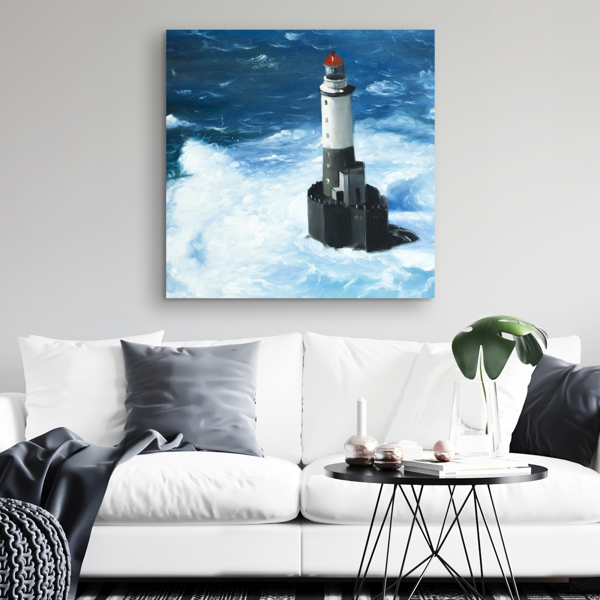 C1RC3232P8NP0V 32 x 32 in. Unleashed Waves on a Lighthouse - Marine Bathroom Canvas Decor
