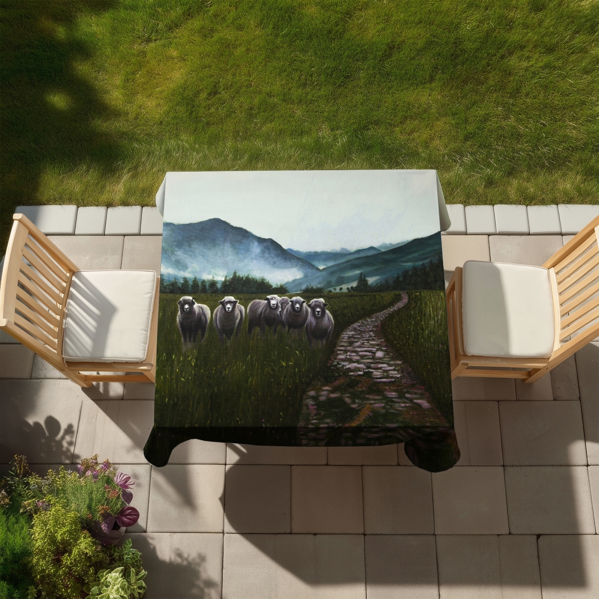 Picture of Begin Home Decor C1TC5858V628TS 58 x 58 in. Sheep in the Countryside Tablecloth - Green Rustic Decor