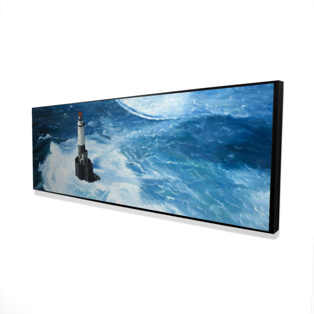 2081-2060-CO78 20 x 60 in. Unleashed Waves on a Lighthouse - Blue Framed Canvas Art