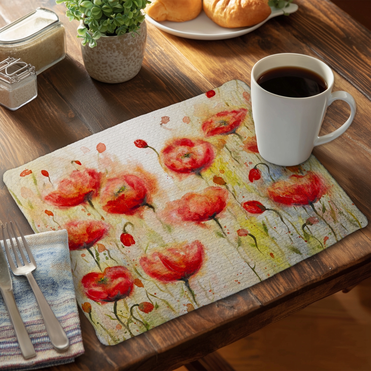 Picture of Begin Home Decor C6BP1418J9N0OK 14 x 18 in. Red Flowers Garden Braided Polyester Placemat for Home Decor - Set of 6