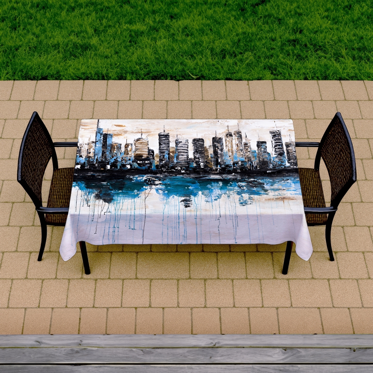 Picture of Begin Home Decor C1TCLRGESHSUSF 58 x 102 in. Abstract City Blue Tablecloth - Indoor & Outdoor Home Decor