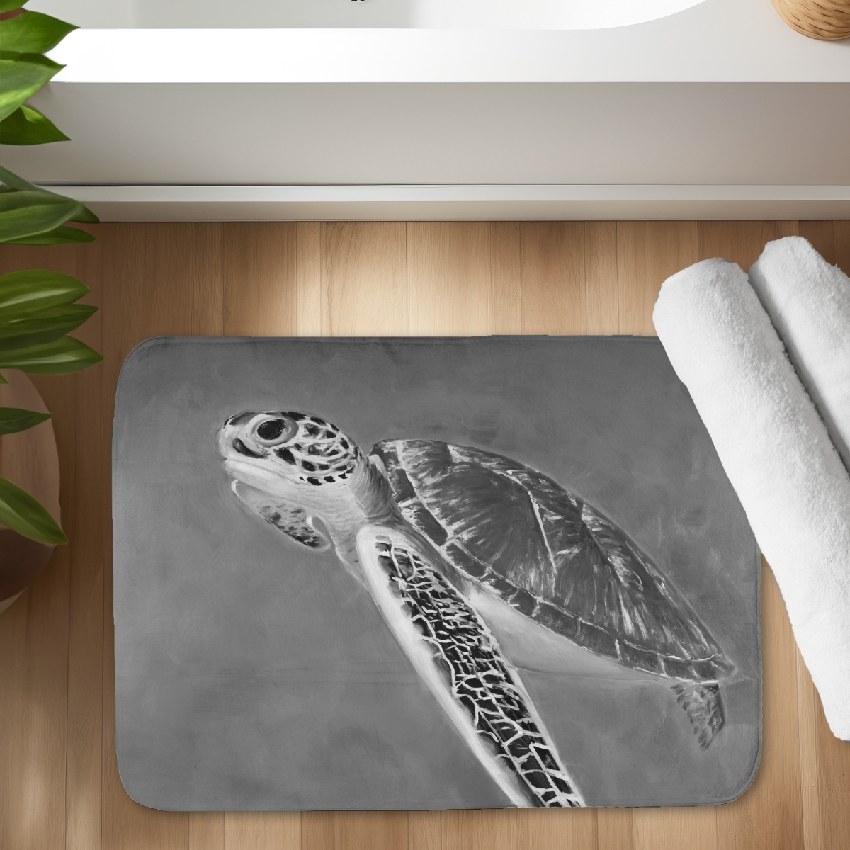 C1BM1724KNCLMC 17 x 24 in. Grayscale Sea Turtle Bath Mat - Stylish White Bathroom Decor