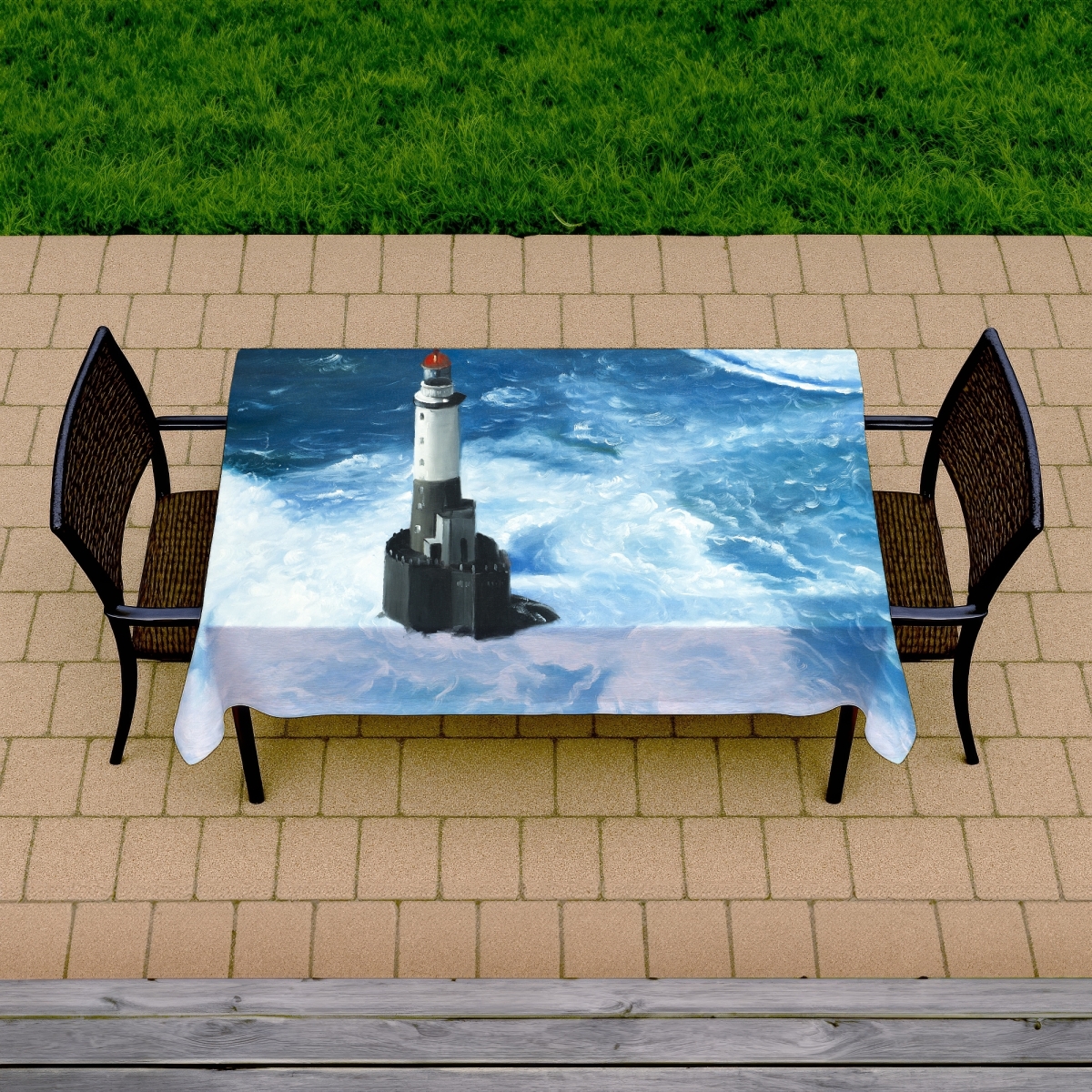 Picture of Begin Home Decor C1TCLRGETVWKK1 58 x 102 in. Marine Blue Tablecloth - Unleashed Waves on a Lighthouse Design