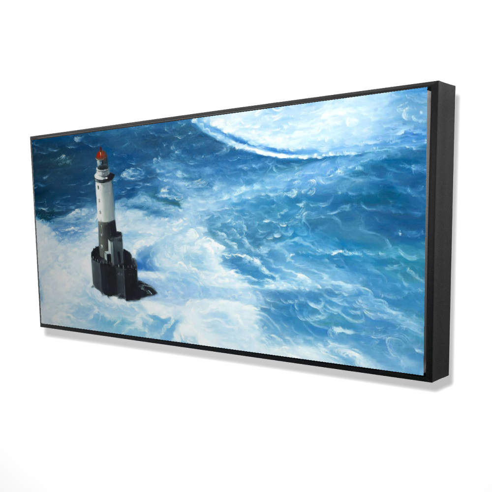 2081-2448-CO78 24 x 48 in. Unleashed Waves on a Lighthouse - Marine Framed Canvas Art