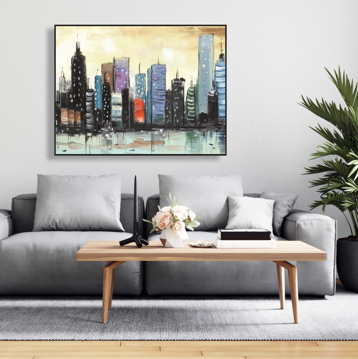 C1FC3648ATWL5X 36 x 48 in. Skyline on Abstract Cityscape - Framed Canvas for Bedroom Decor