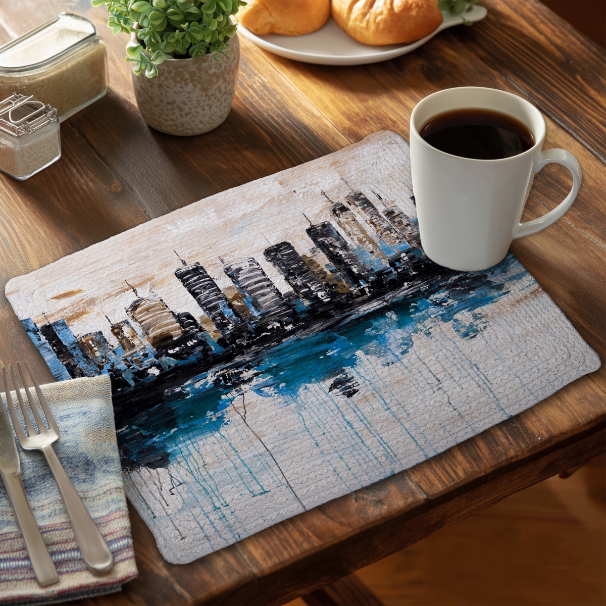 Picture of Begin Home Decor C6BP14183GYCCM 14 x 18 in. Abstract City Reflection Braided Polyester Placemat - Home Decor - Set of 6