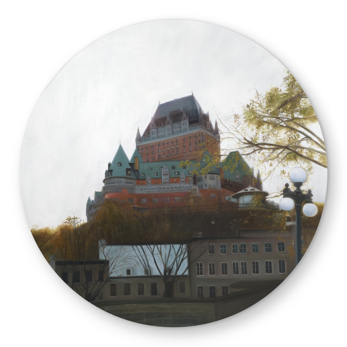 C1COAR55854SVY 5 x 5 ft. Le Chateau De Frontenac in Autumn Rug - Hyperrealist Outdoor Decor - Round