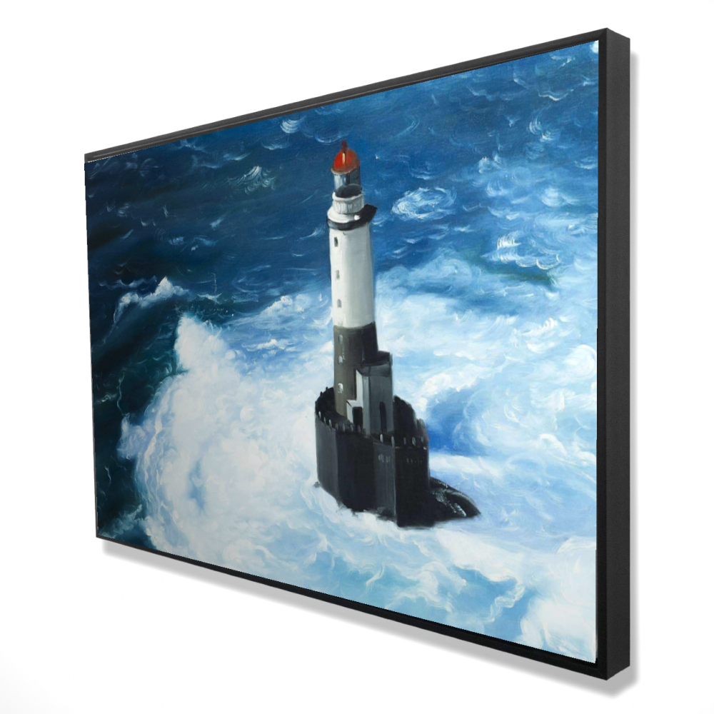 2081-2436-CO78 24 x 36 in. Unleashed Waves on a Lighthouse - Classic Blue Landscape Canvas