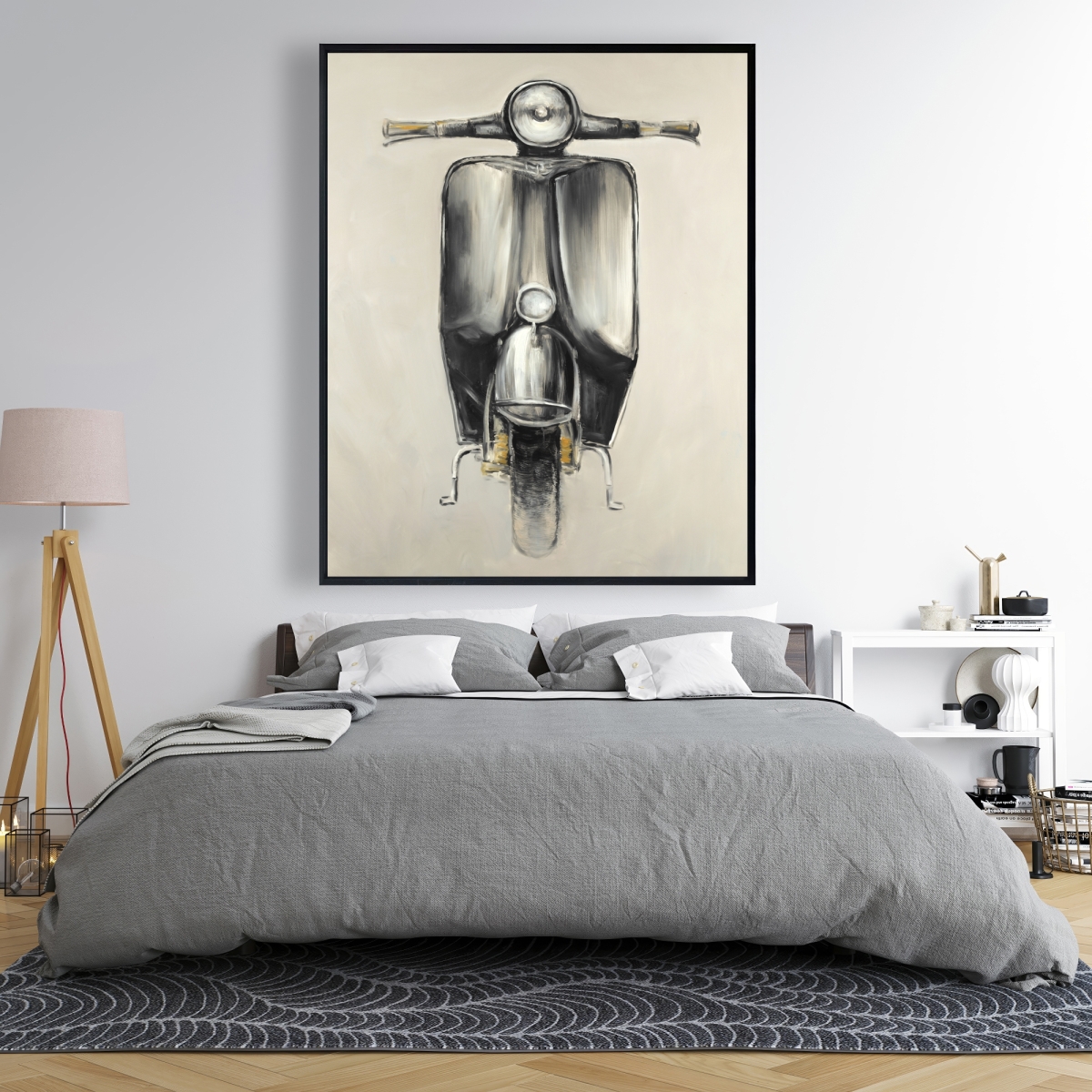 Vintage Gray Framed Canvas Art - Small Black Moped - 48 x 60 in. - Ready to Hang