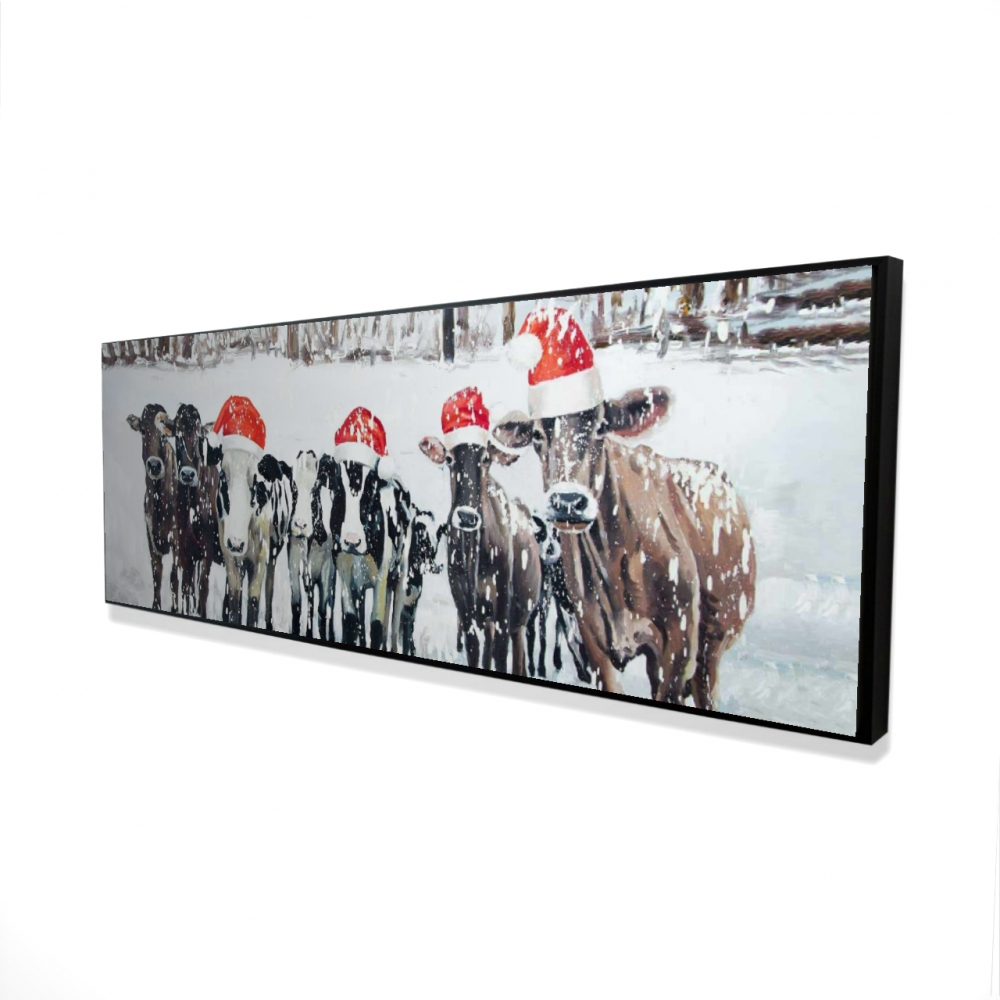 2081-2060-HO24 20 x 60 in. Curious Christmas Cows - White Rustic Framed Canvas Decor