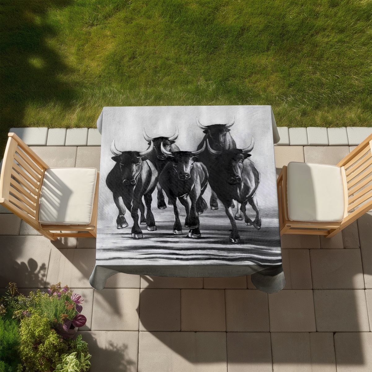 Picture of Begin Home Decor C1TC58587IMTBD 58 x 58 in. Monochrome Tablecloth - Group of Bulls At Galops - Home Decor