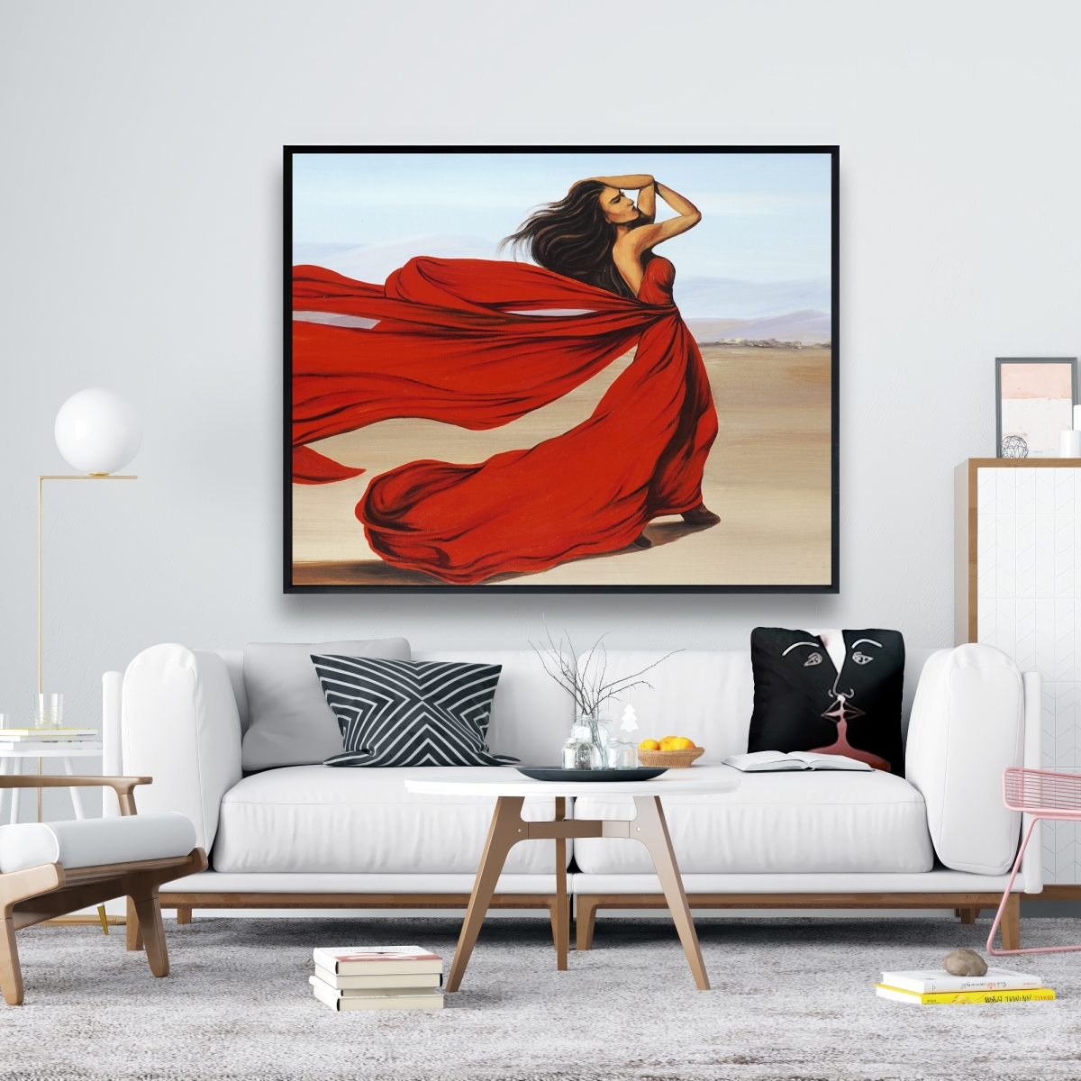 C1FC4860X6UN7B 48 x 60 in. Woman with Long Red Dress in Desert - Beige Figurative Canvas
