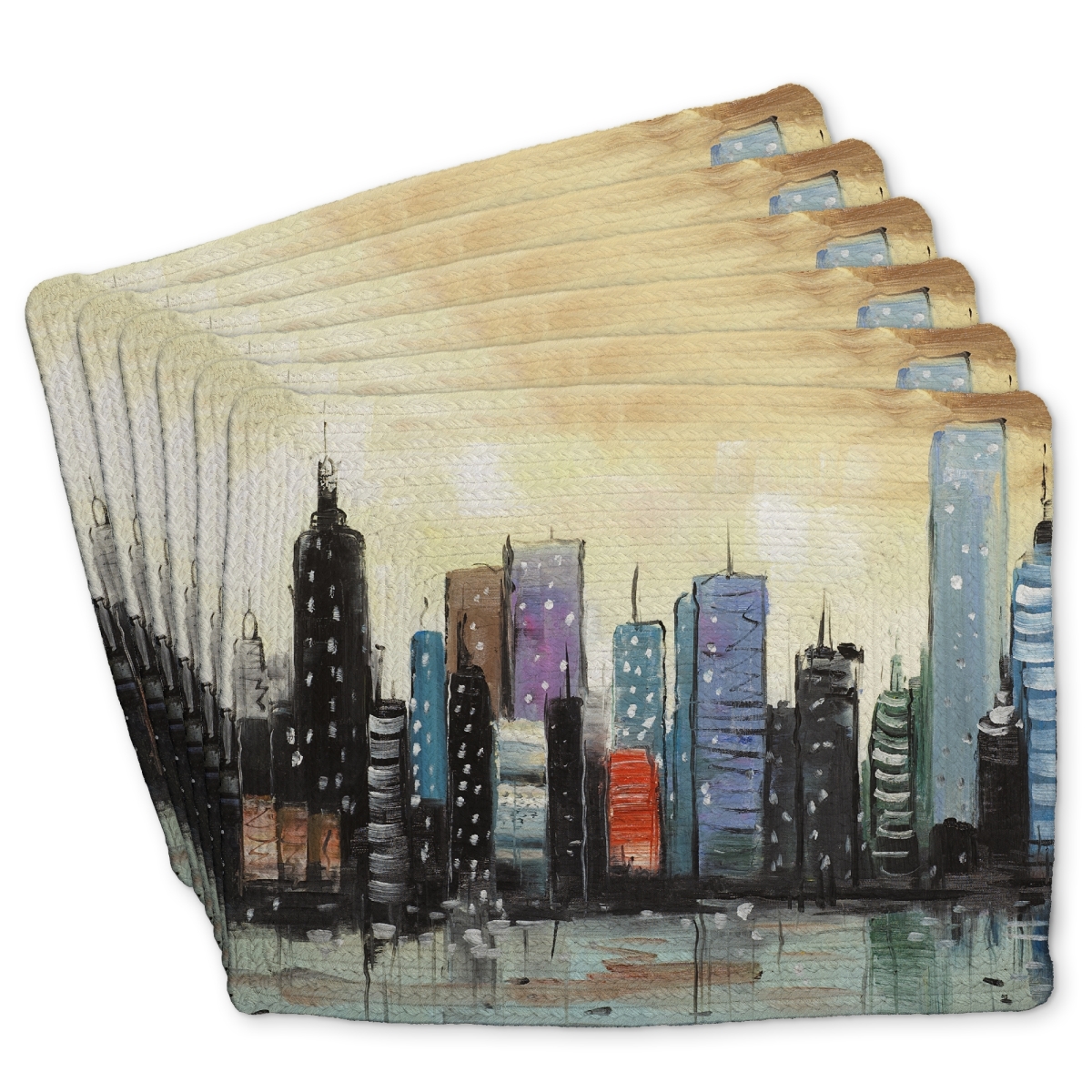 Picture of Begin Home Decor C6BP14187QB7EK 14 x 18 in. Skyline on Abstract Cityscape Braided Polyester Placemat - Home Decor - Set of 6