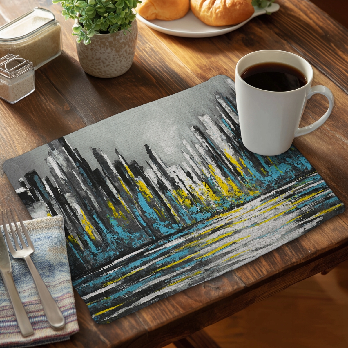 Picture of Begin Home Decor C6BP1418MVRX2G 14 x 18 in. Abstract Blue Skyline Braided Polyester Placemat - Home Decor - Set of 6