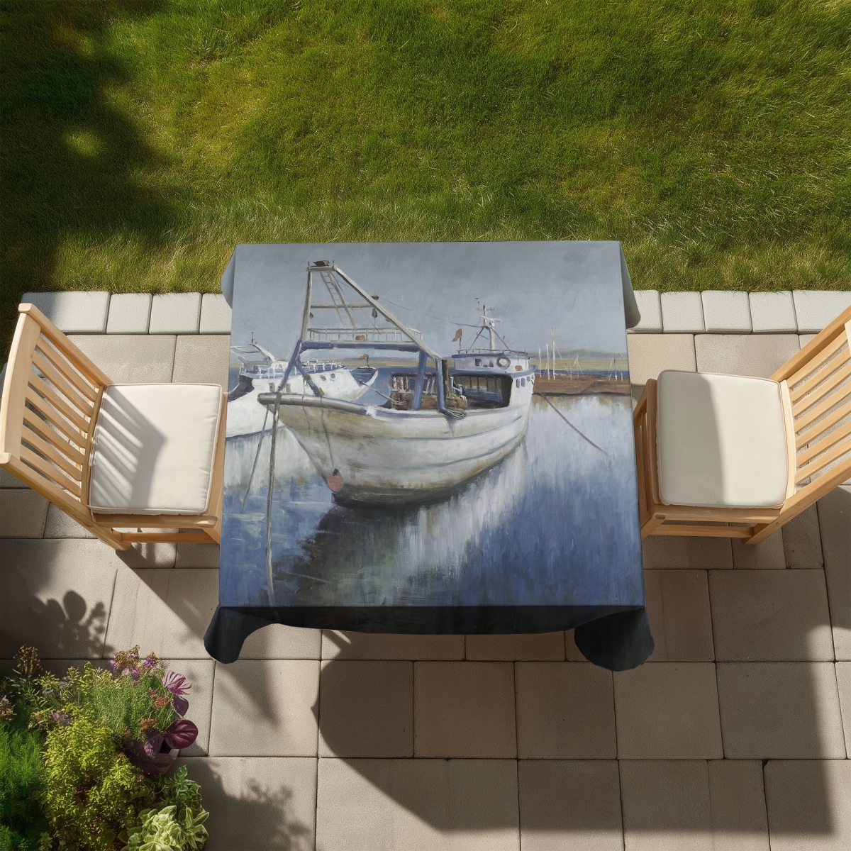Picture of Begin Home Decor C1TC5858A2BGK8 58 x 58 in. Blue Fishing Boat Tablecloth - Indoor Outdoor Home Decor