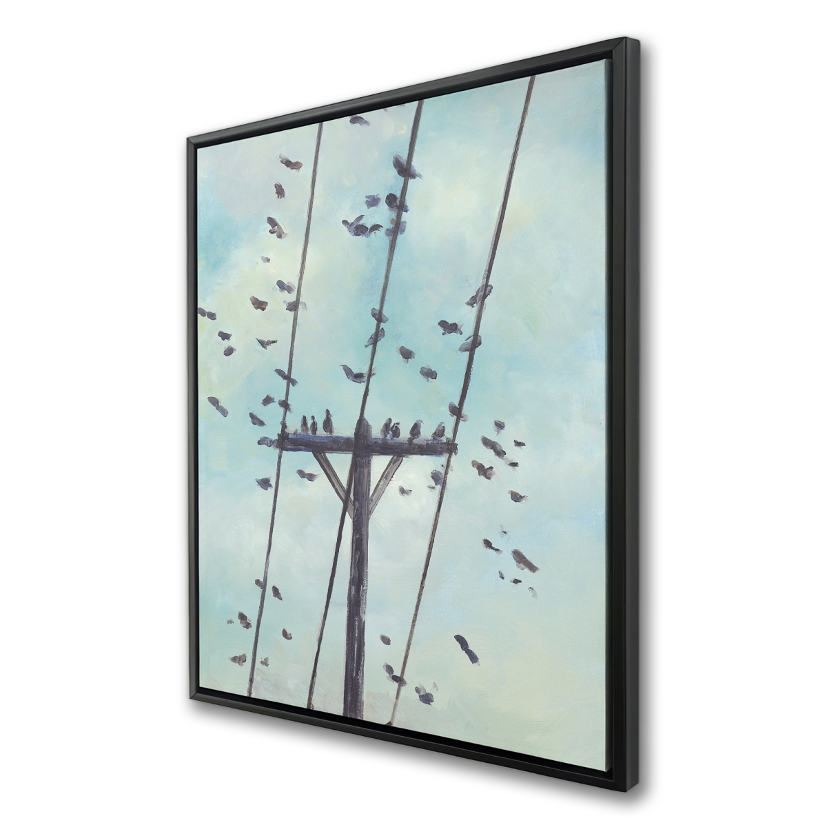 36 x 48 in. Birds on Electric Wire - Office Blue Framed Canvas Decor