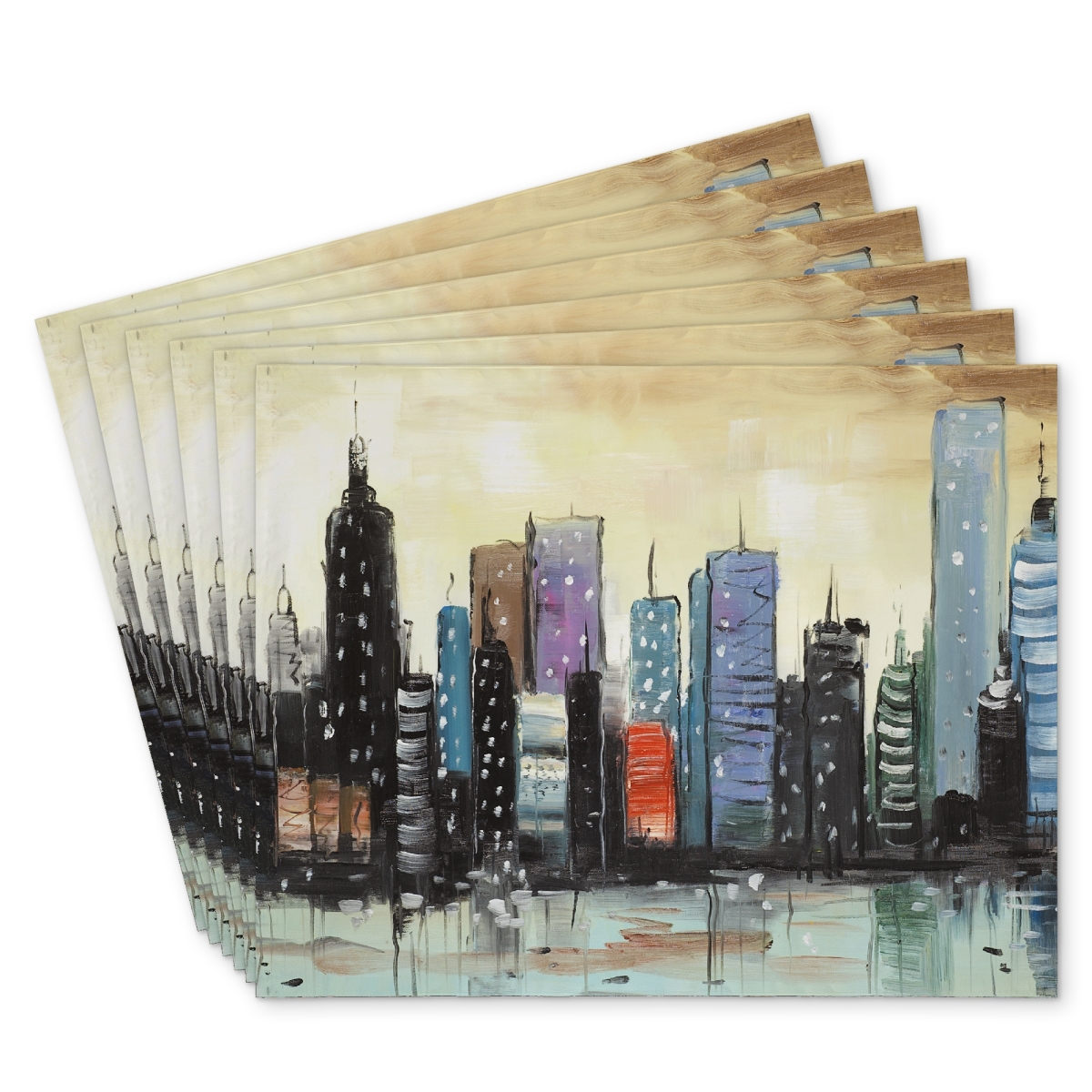 Picture of Begin Home Decor C6PP1418KE346B 14 x 18 in. Skyline on Abstract Cityscape - Polyester Placemat for Home Decor - Set of 6