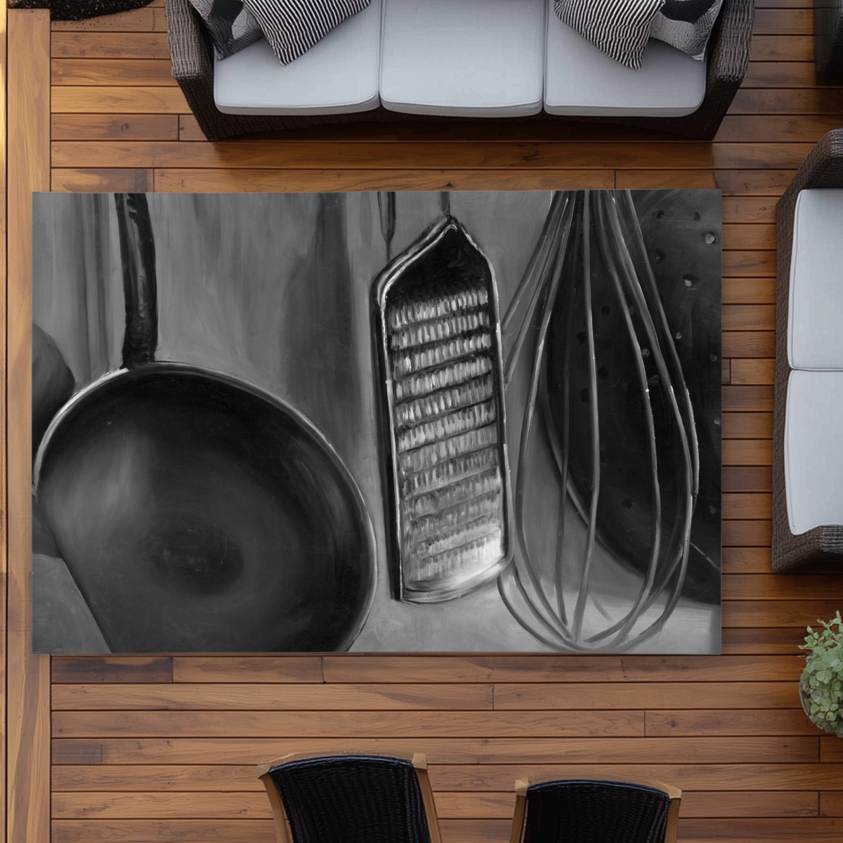 C1ROAR57G7ML9X 5 x 7 ft. Kitchen Tools for Chef - Black & White Outdoor Area Rug - Rectangle