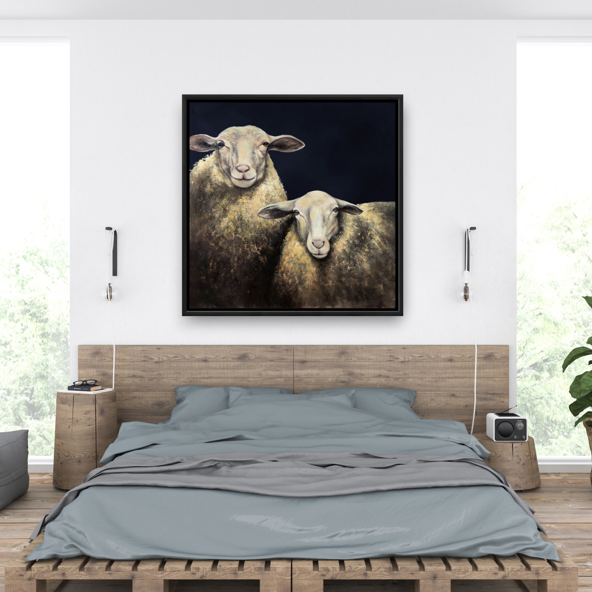 C1FC3636S33LAL 36 x 36 in. Two Sheep Blue Background - Gray Framed Canvas Decor