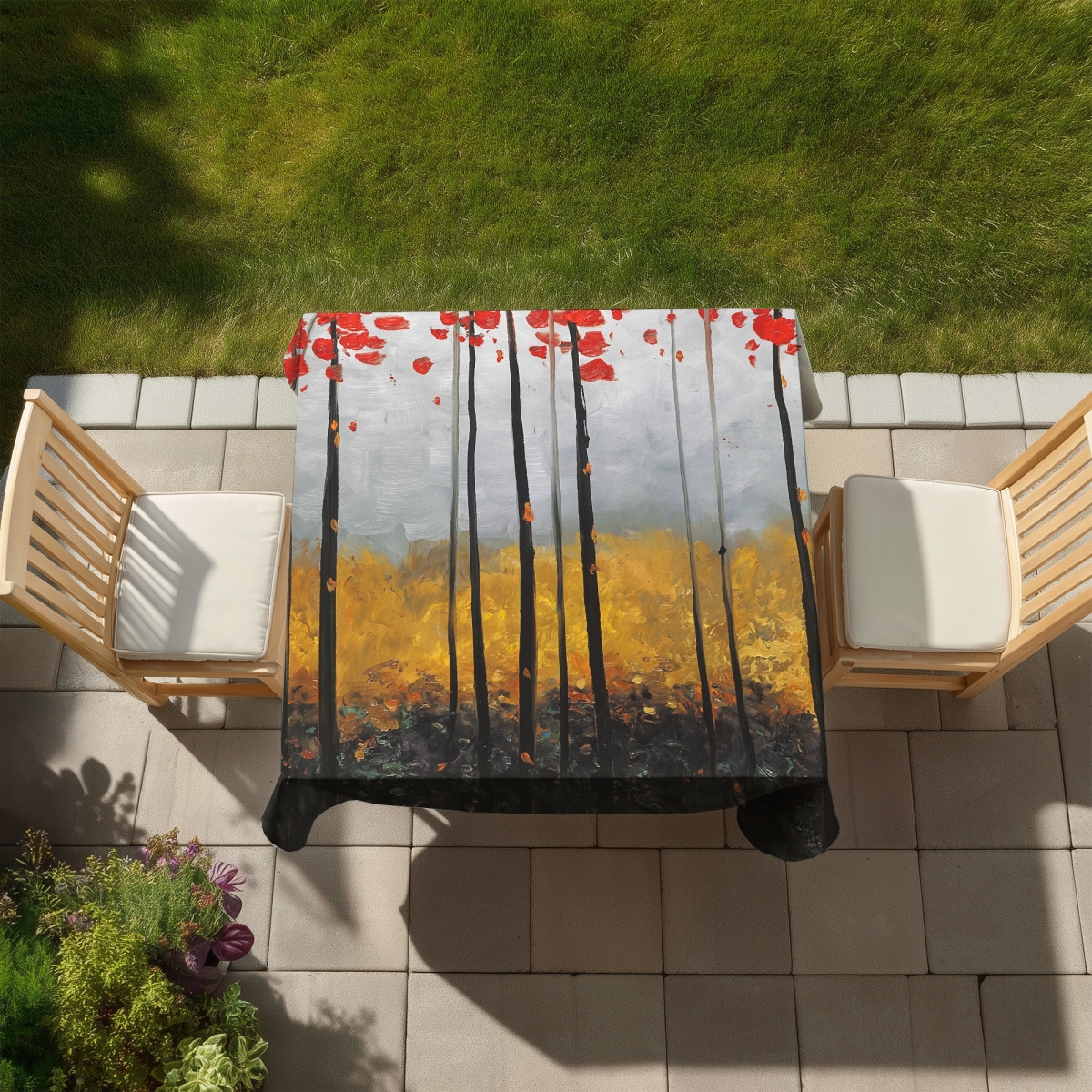 Picture of Begin Home Decor C1TC5858WAVI1A 58 x 58 in. Abstract Landscape Yellow Trees Tablecloth for Home Decor