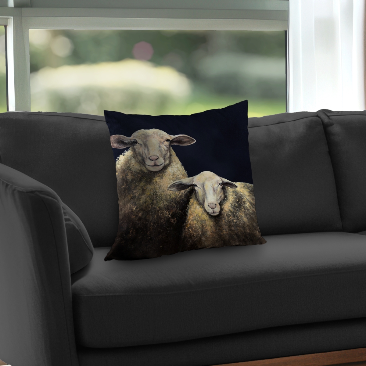 C1PT1818NAYX52 18 x 18 in. Two Sheep Blue Background Poly Twill Throw Pillow - Home Decor