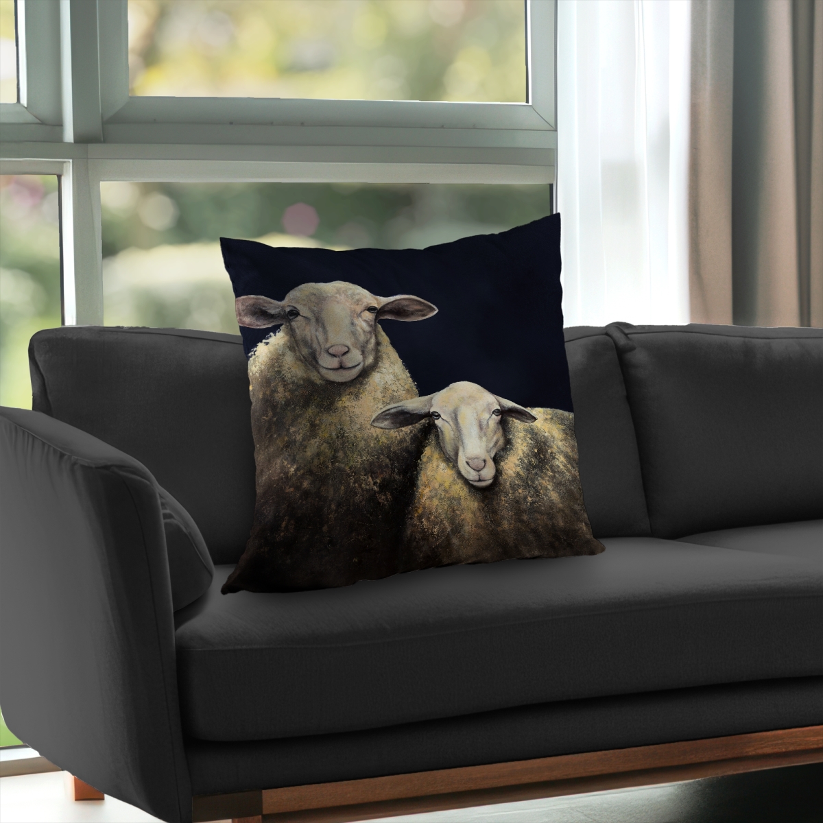 C1PT2626QA7H70 26 x 26 in. Two Sheep Blue Background Beige Poly Twill Throw Pillow - Decor