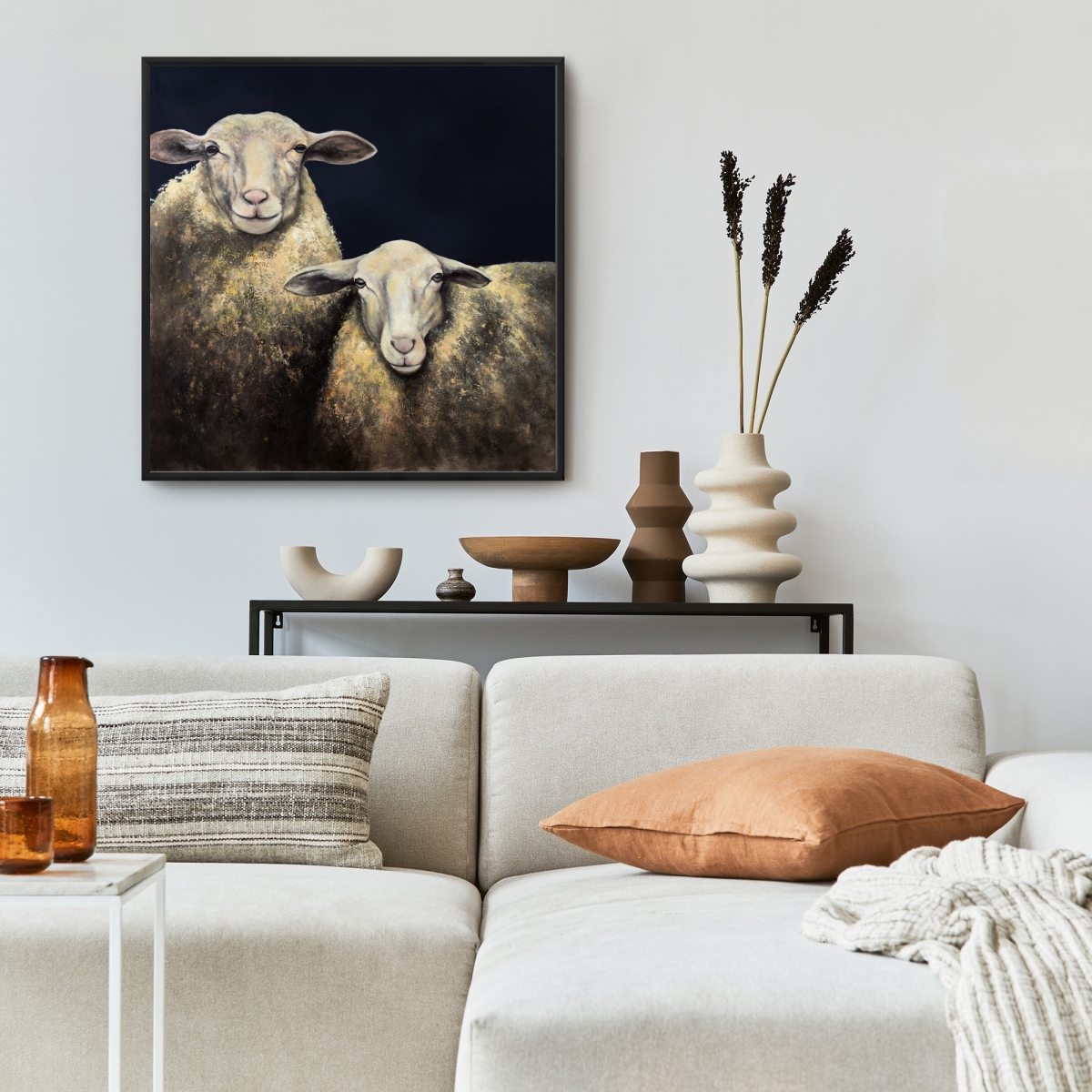 C1FC2424WVN4R3 24 x 24 in. Two Sheep Blue Background - Turquoise Framed Canvas Decor