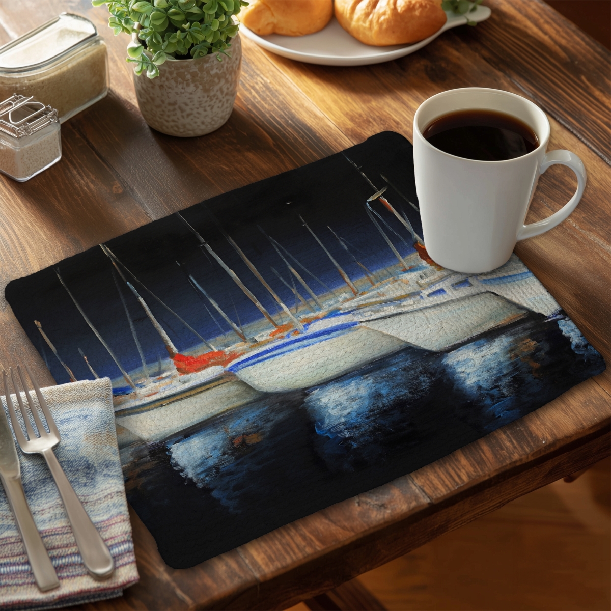 Picture of Begin Home Decor CBPM1418L8NDZ9 14 x 18 in. Blue Coastal Braided Placemat - Fishing Boats Home Decor