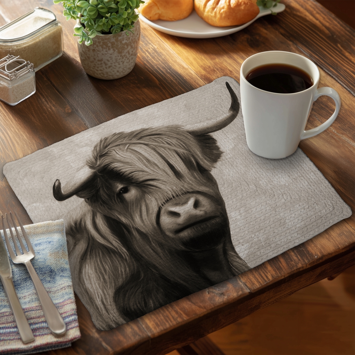 Picture of Begin Home Decor C4BP1418VDRJ2Z 14 x 18 in. Highland Cattle Sepia - Braided Polyester Placemat for Decor - Set of 4