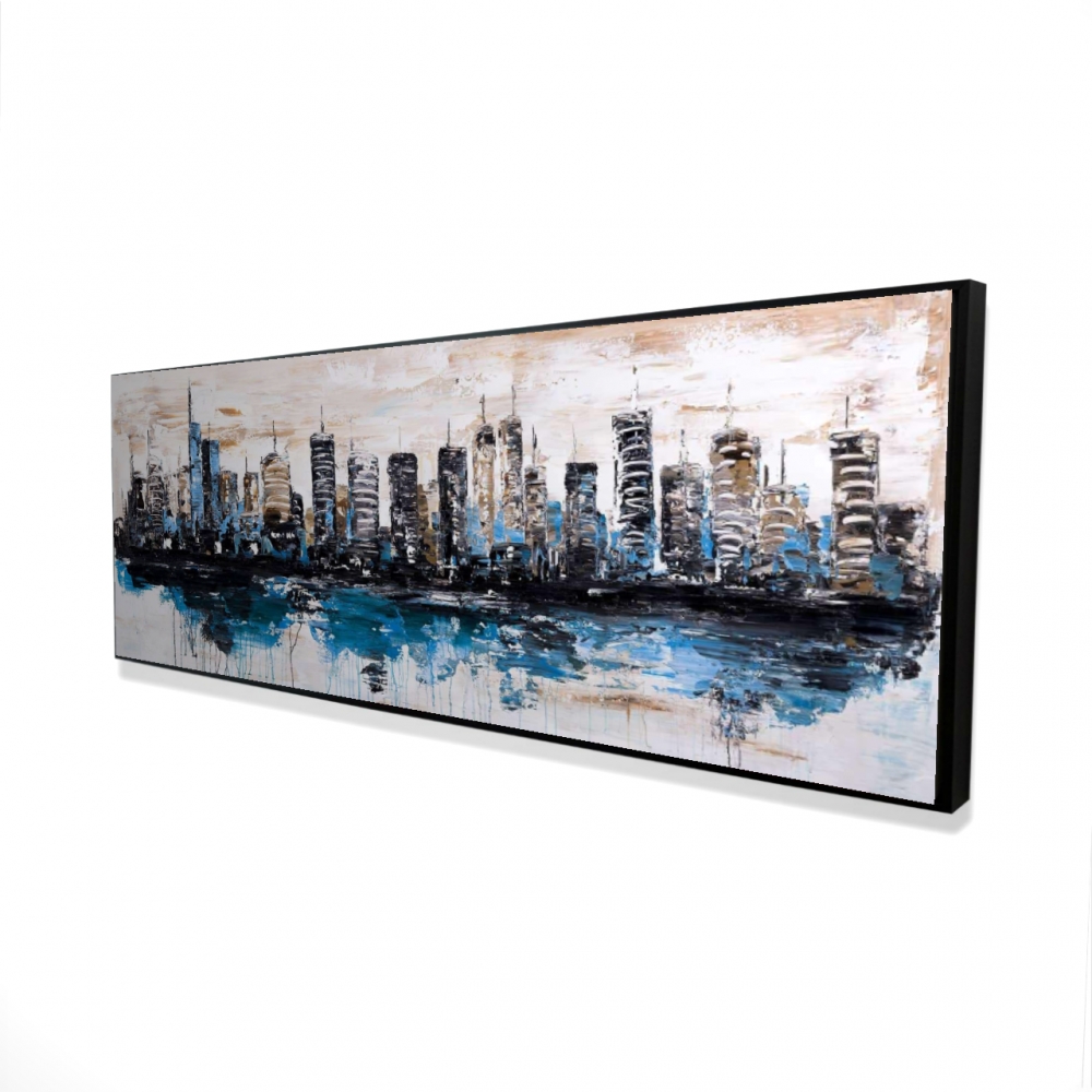 2081-2060-CI246 20 x 60 in. Abstract City Reflection Canvas - Blue Framed Bedroom Decor