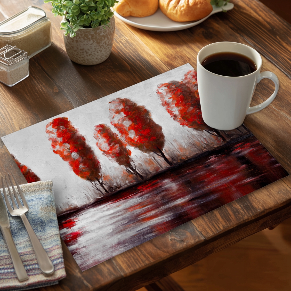 Picture of Begin Home Decor C4PP14188FS6HH 14 x 18 in. Red Trees By the Lake - Polyester Placemat for Home Decor - Set of 4