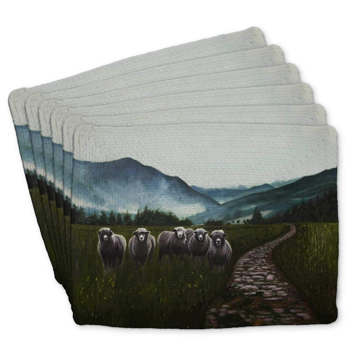Picture of Begin Home Decor C6BP1418YXBZDH 14 x 18 in. Sheep in the Countryside - Braided Polyester Placemat for Home Decor - Set of 6