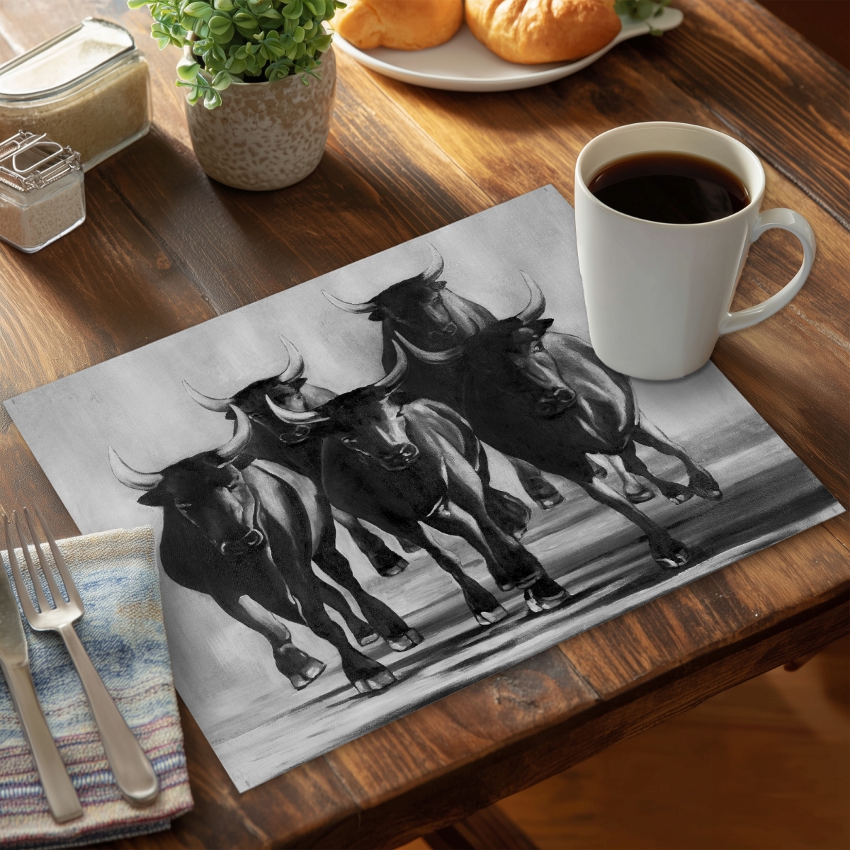 Picture of Begin Home Decor C6PP1418Z1J6MN 14 x 18 in. Group of Bulls At Galops Polyester Placemat - Home Decor - Set of 6