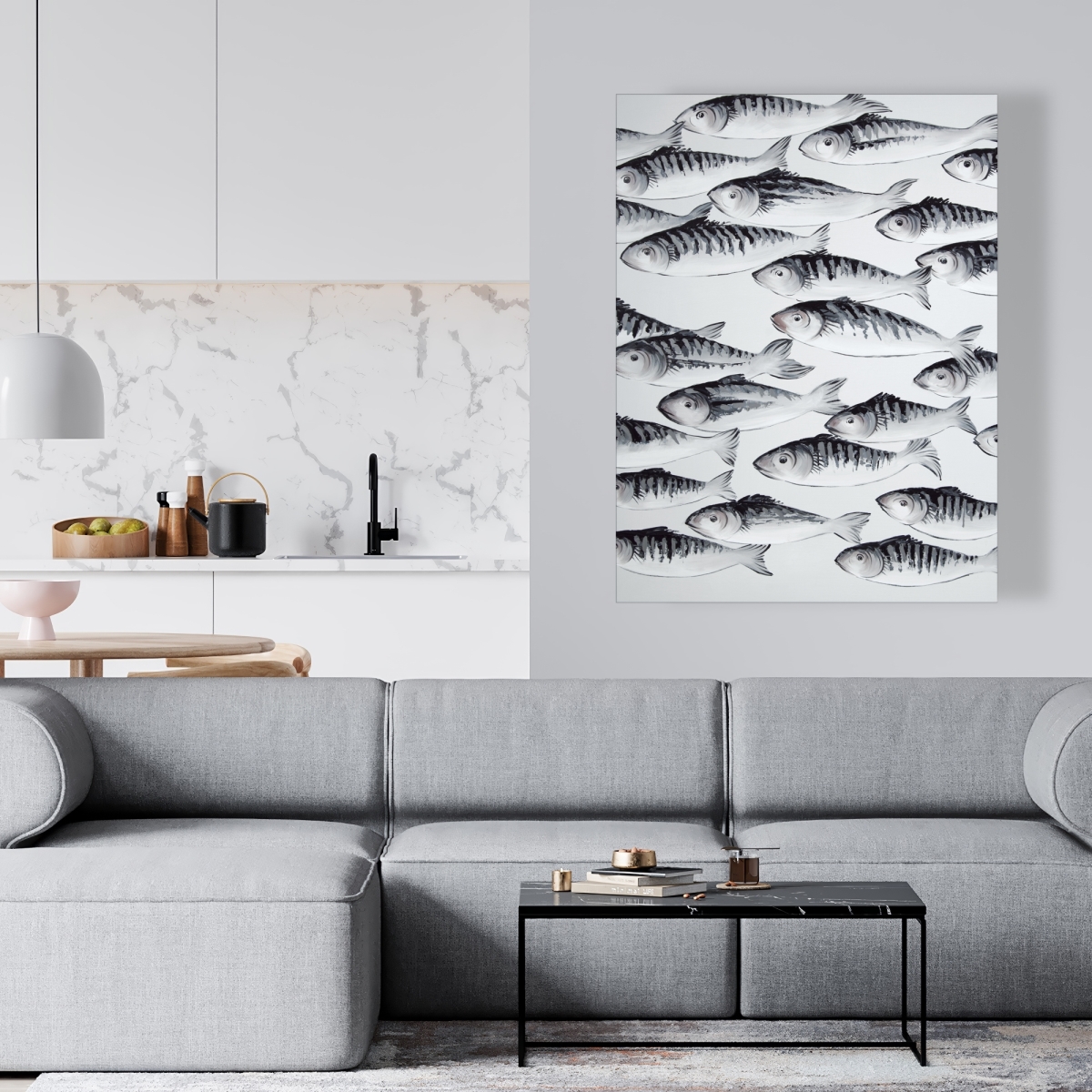 C1RC36480PGJ2R 36 x 48 in. Gray School of Fish - Monochrome White Canvas for Decor