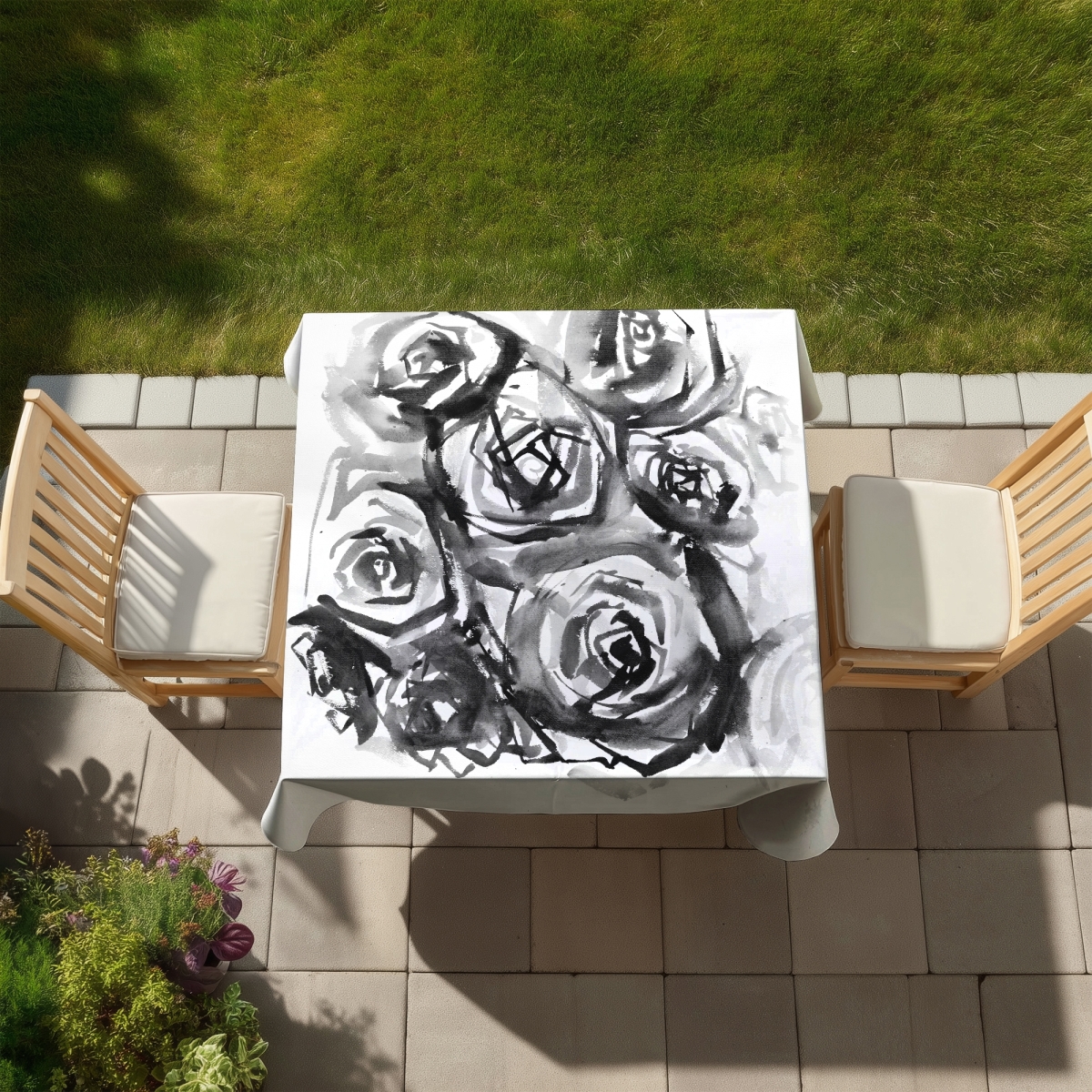 Picture of Begin Home Decor C1TC5858E0QLZF 58 x 58 in. Monochrome Abstract Roses Tablecloth - Floral Minimalist Decor