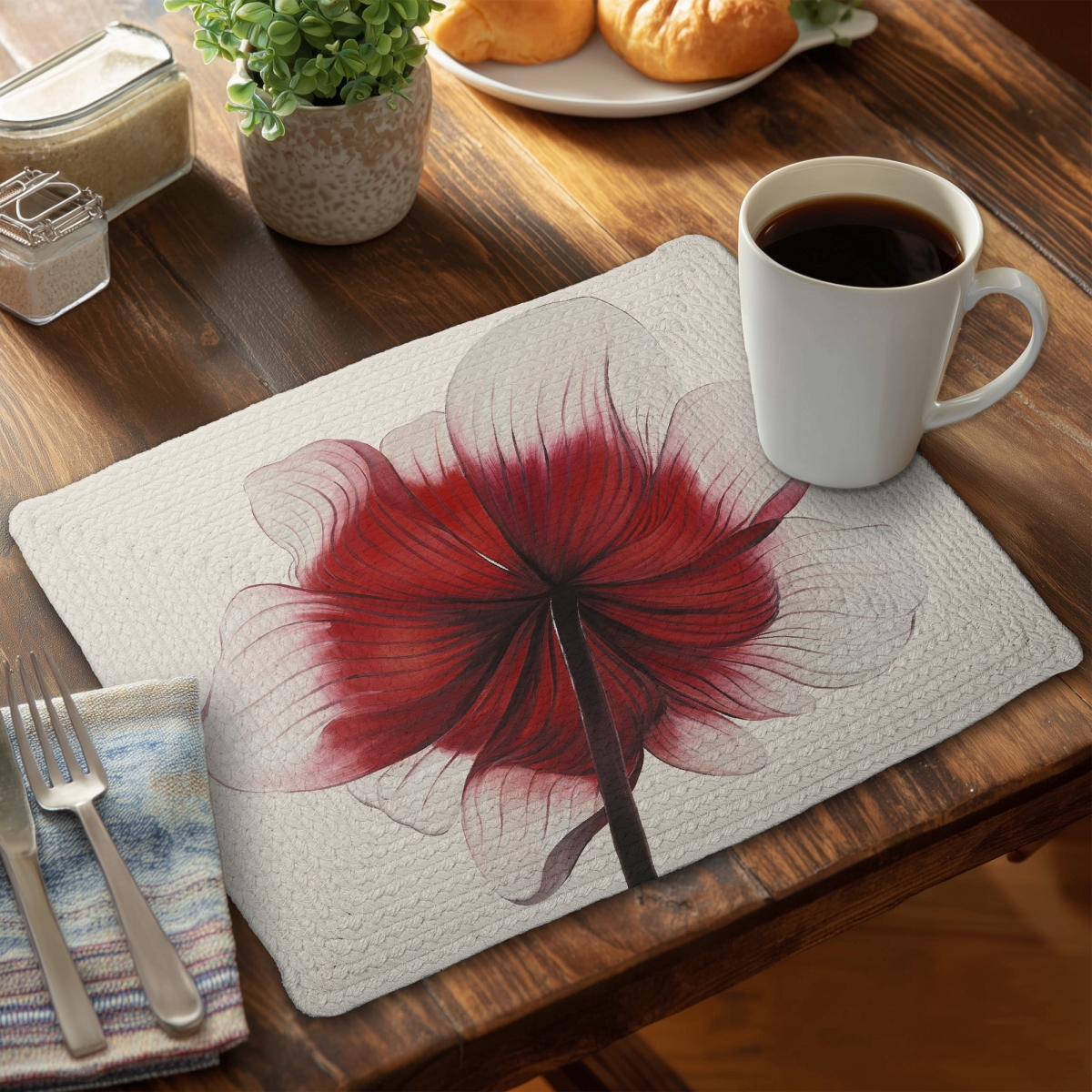 Picture of Begin Home Decor C6BP1418Y78B95 14 x 18 in. Anemone Red Flower Braided Polyester Placemat for Home Decor - Set of 6