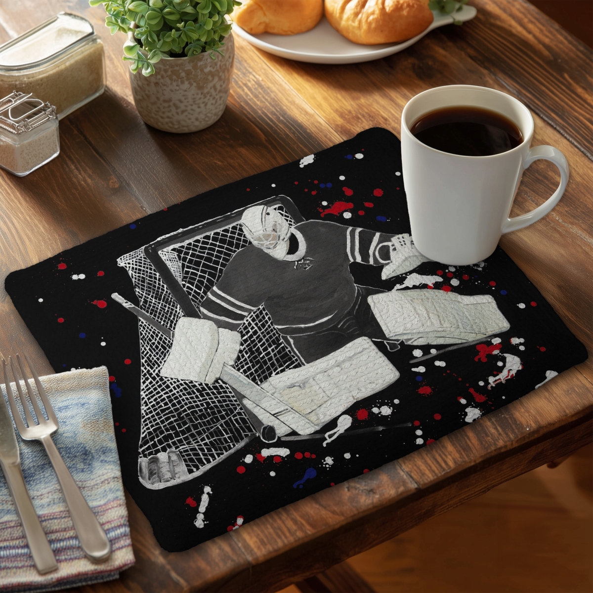 Picture of Begin Home Decor C6BP1418ZP56BR 14 x 18 in. Goalkeeper Hockey Goal - Braided Polyester Placemat for Decor - Set of 6